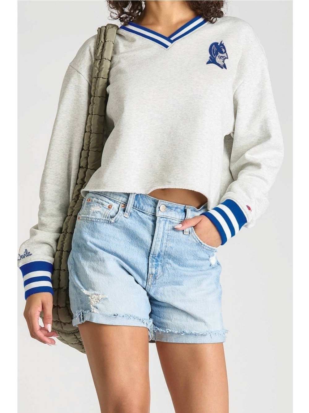 Champion NCAA Duke Blue Devils Cropped Sweatshirt V-neck Small Gray Blue